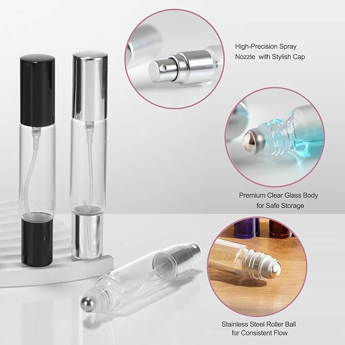 YOCASII 4PCS Dual-Head Travel Perfume Bottle with Spray & Roller Balls for Essential Oils, 10ml Glass Perfume Travel Refillable Bottles and Roll on Bottles for Facial Care with Funnel Tool
