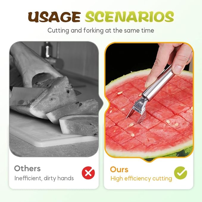 2-in-1 Stainless Steel Watermelon Cutter, Fruit Slicer and Fork Tool, Dual Head Watermelon Cube Cutter with Round Handle for Easy Serving, Kitchen Fruit Cutting Tool (1pcs)