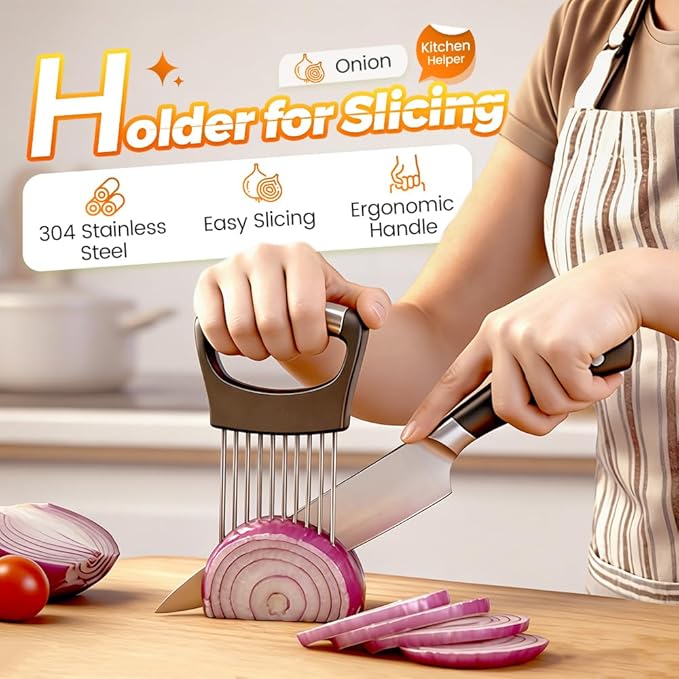 Onion Slicer Holder, Onion Holder for Slicing, Stainless Steel Vegetable Chopper and Onion Slicer Tool, Kitchen Assistant for Onions, Potatoes, Tomatoes and Fresh Produce (1pcs)