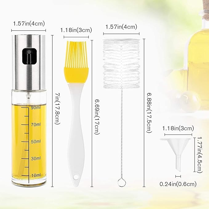 Oil Sprayer for Cooking, 100ml Food-Grade 304 Stainless Steel & BPA-Free Glass, Leakproof Oil Mister with Silicone Basting Brush, Funnel & Cleaning Brush, Suitable for Air Fryer, BBQ, Baking, Salad