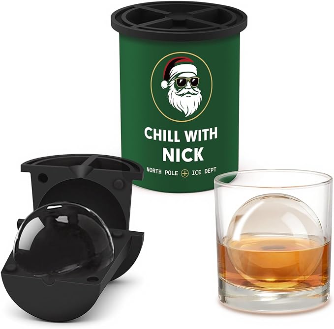 Christmas Clear Ice Cube Maker, 2.5" Stainless Steel Crystal Clear Ice Ball Maker, Ice Molds for Whiskey/Old Fashioned Cocktail/Bourbon, Whiskey Bourbon Gifts for Men, Dad, Husband (Chill Santa)