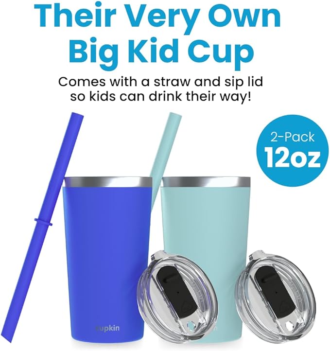CUPKIN Toddler Tumblers, The Original 12 oz Stackable Stainless Steel Cups, Set of 2 Powder Coated Insulated Kids Water Bottle Alternative + BPA Free Lids + Reusable Silicone Straws (Cobalt + Mint)