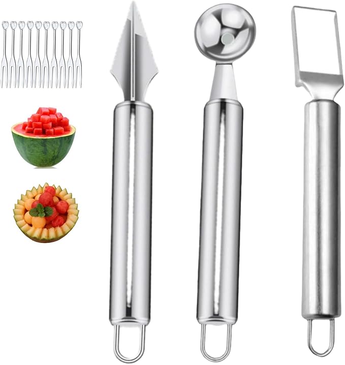 3 Pieces Watermelon Cutter Slicer Tools with 100PCS Disposable Plastic Fruit Forks,Stainless Steel Watermelon Cube Cutter Fruit Digging Spoon Carving Tools for Kitchen Gadget