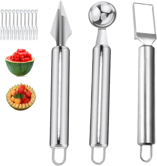 3 Pieces Watermelon Cutter Slicer Tools with 100PCS Disposable Plastic Fruit Forks,Stainless Steel Watermelon Cube Cutter Fruit Digging Spoon Carving Tools for Kitchen Gadget