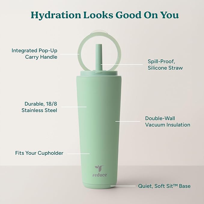 REDUCE Halo 24 oz Stainless Steel Vacuum Insulated Tumbler - Spill Proof Travel Mug with Flip Handle Lid - Keeps Drinks Cold for 32 Hrs - Dishwasher Safe - Cupholder Friendly - Matcha