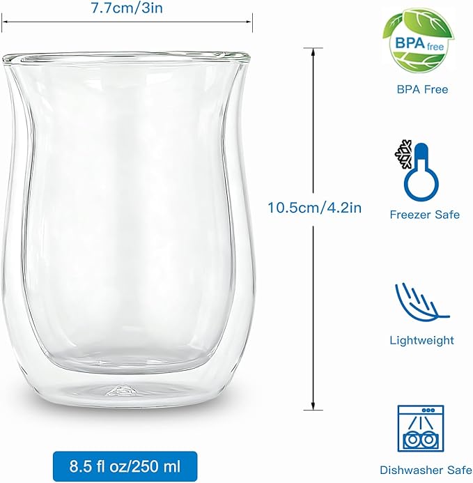 Easyworkz Double Walled Glass Coffee Mugs,Set of 2 (8.5 fl oz / 250ml) - Clear Borosilicate Glass Cups for Coffee, Tea, Whiskey, Cocktails & All Beverages