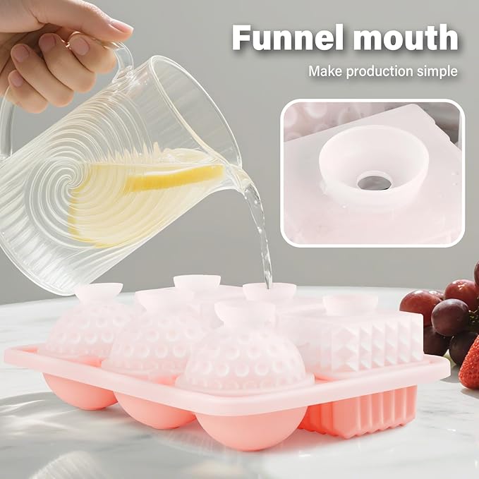 Acomler Ice Cube Molds Tray, 3 Big Crystal Square Cubes & 3 Round Sphere Golf Ice Ball Makers, Large Silicone Whiskey Ice Mold, Fun Shape Ice Trays with Funnel for Whiskey, Cocktails, Bourbon (Pink)