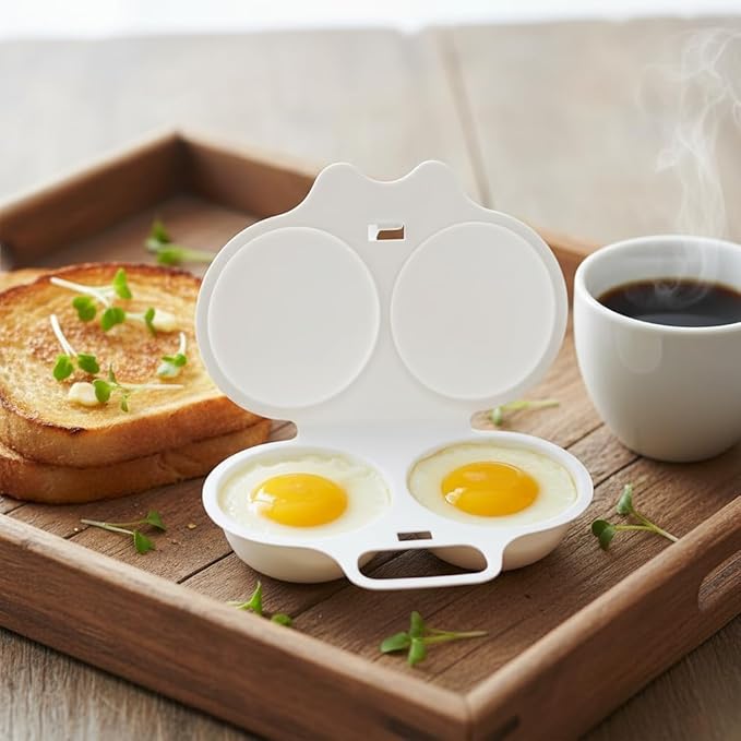 2-Cavity Nonstick Microwave Egg Poacher with Lid -White Plastic Egg Cooker for Perfect Poached Eggs