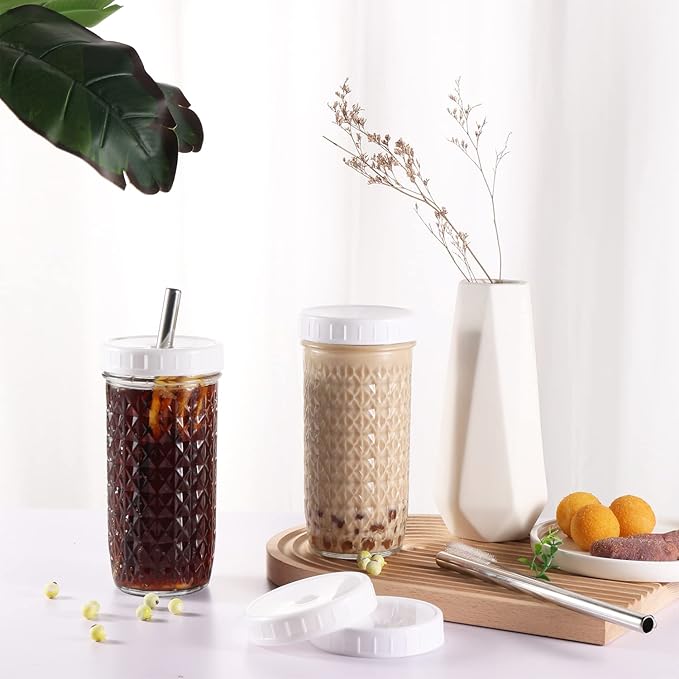 2 Pcs 24oz Glass Cups Set, Mason Jar Drinking Glasses with Lids and Straws & 2 Airtight Lids, Cute Reusable Smoothie cups, Iced Coffee Cups, Travel Tumbler for Bubble Tea, Juice, Gift