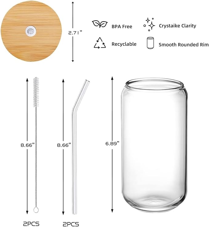 Glass Cups with Lids and Straws Set of 16 – 16oz Iced Coffee Tumblers for Holiday Parties, Family Gatherings, and Everyday Hosting – Gift-Ready Drinkware for Christmas, New Year, or Home Entertaining