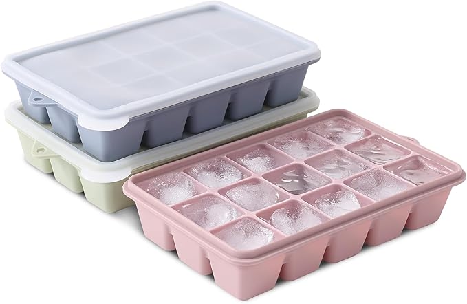 Silicone Ice Cube Trays with Lids 3-Pack, 15-Cavity Ice Tray Set for Freezer, Easy-Release BPA-free Ice Cube Mold for Whiskey, Coffee, Cocktails and More (3, Green+Blue+Pink)