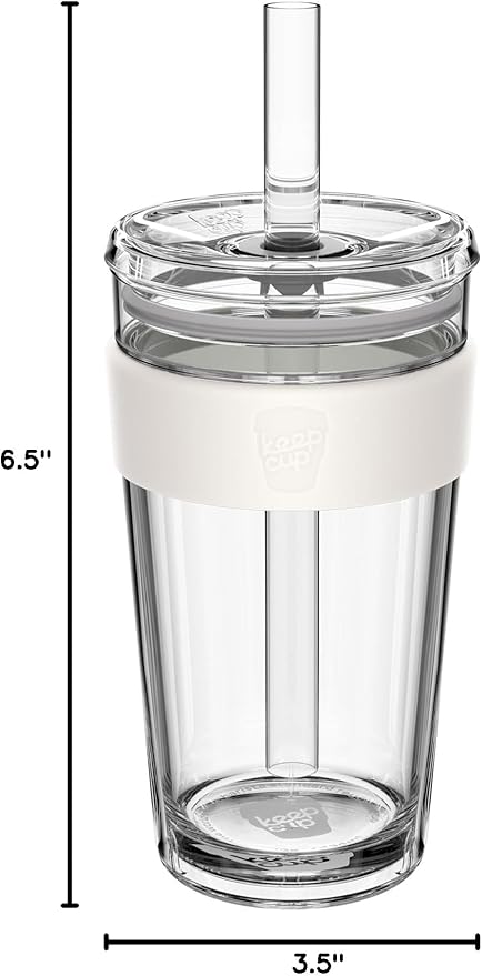 KeepCup Cold Cup - Longplay Double wall Glass Ice Coffee Tumbler with Lid and Straw - 16oz (454ml) - Chalk