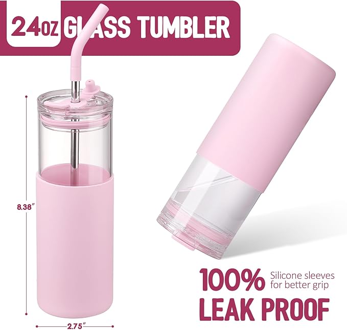 Kodrine 24oz Glass Tumbler with Lids and Straws|Bamboo & On the go Lid|Reusable Ice Coffee Cup with Silicone Sleeve, Glass Coffee Tumbler for Smoothie/Matcha, Dishwasher & BPA Free-Pink