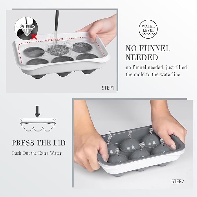 Round Ice Cube Mold with Lid - 2.2 Inch Sphere Ice Ball Maker, Large Whiskey Ice Cubes Mold with Easy Release, Reusable Silicone & Plastic Tray for Bourbon, Scotch, Brandy, Cocktails, Gift