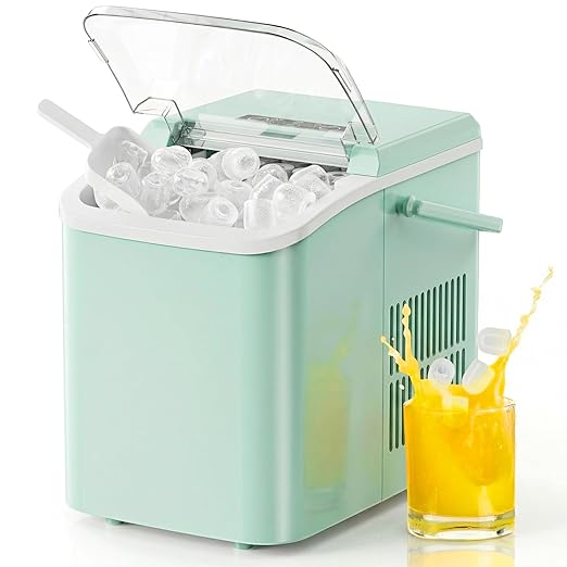 NEWBULIG Ice Makers Countertop with Handle, Portable Ice Machine, 9 Bullet Ice Cubes in 6 Mins, 26lbs in 24Hrs, Auto-Cleaning, with Basket and Scoop, for Home, Kitchen, RV, Camping, Green
