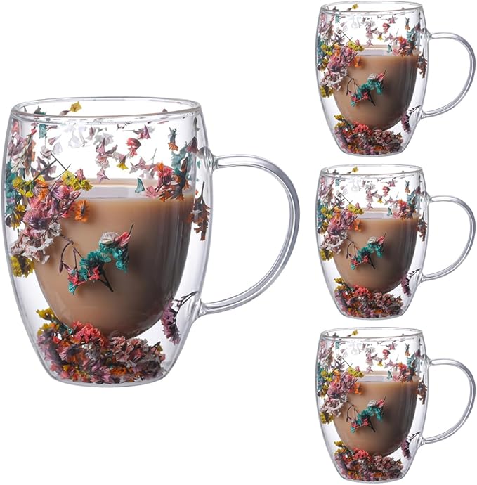 NBHUZEHUA Double Wall Glass Coffee Mugs Set of 4 Espresso Cups for Cappuccino Tea Latte Cute Mug Insulated Glasses