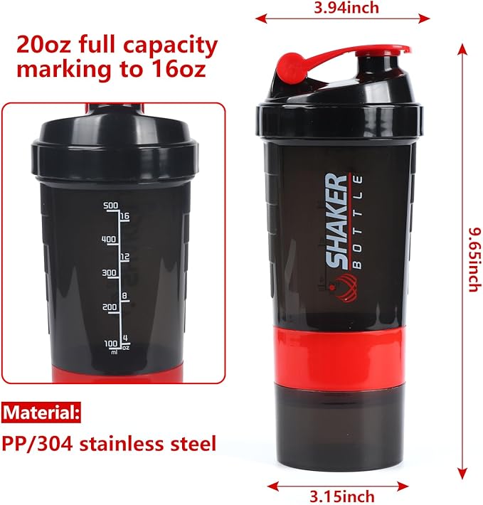 Protein Shaker Bottle,Sports Water Bottle,Leak Proof Shake Bottle For Protein Mixer,Non Slip 3 Layer Twist Off 3oz Cups with Pill Tray,Workout Shaker Bottle 16oz,Red