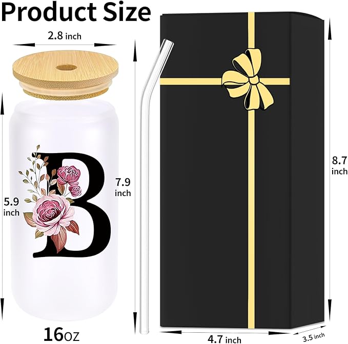 Monogrammed Glass Drinking Cup With Lid Straw Women Girl Friend Birthday 16th 18th 19th 20th 21st 30th 40th 50th 60th 70th 80th 90th 45th 65th 75th 1974 1964 40 60 70 Year Old Gift Funny Meaningful,B