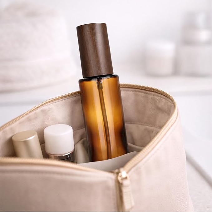4Packs 60ml/2Oz Amber Glass Spray Bottle Refillable Fine Mist Sprayer with Wood Grain Cap Reusable Empty Container for Perfume, Essential Oils, Room Spray