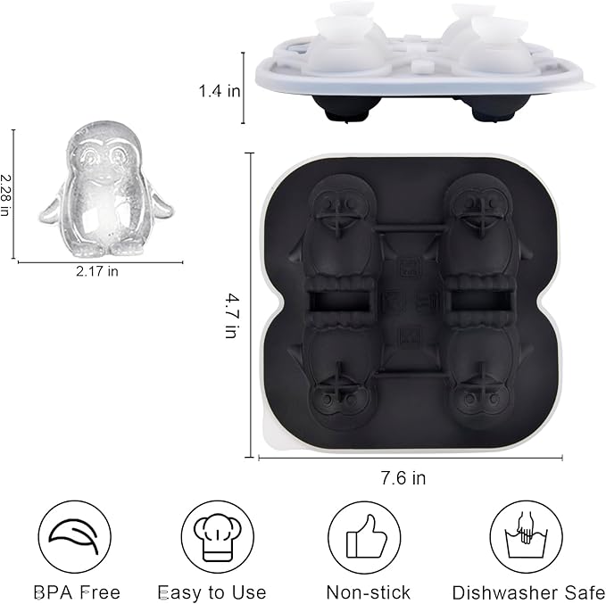 Penguin Ice Cube Tray Mold - 3D Penguin Shape Ice Cube Trays, Cute Ice Cube Molds for Whiskey Bourbon, 4-Hole Large Fun Shapes Ice Cube Trays, Funny Penguin Gifts for Penguin Lovers Women Men