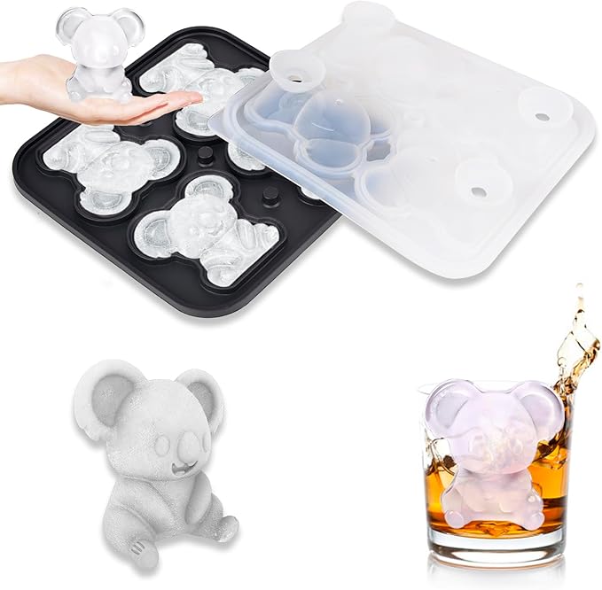 Koala Ice Cube Tray Mold - 3D Koala Shape Ice Cube Trays, Cute Ice Cube Molds for Whiskey Bourbon, 4-Hole Large Fun Shapes Ice Cube Trays, Funny Koala Gifts for Koala Animal Lovers Women Men