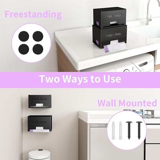STWWO 2-Pack Trash Bag Holder Dispenser, Stackable Garbage Bag Dispenser, Extra Large Trash Organizer for Kitchen Laundry Under Sink, Wall Mounted or Freestanding, Metal Black