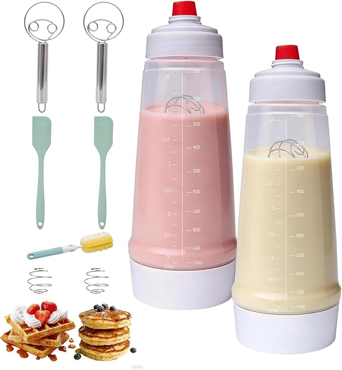 Pancake Batter Dispenser Bottle Kit with 7 Accessories, 1000ml Silicone Squeeze Pancake Mixer Bottle with Whisk Ball and Stand Base, Pancake Shaker Bottles for Cupcakes Muffins Waffle Crepes(2pack)