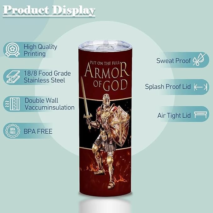 Put The Full Armor Of God,Pastor Appreciation Gifts,20 Oz Insulated Stainless Steel Skinny Iced Coffee Tumbler with Lid,Funny Travel Coffee Mug Cup Water Bottler,Birthday Gift for Men Women Dad,1 Pcs