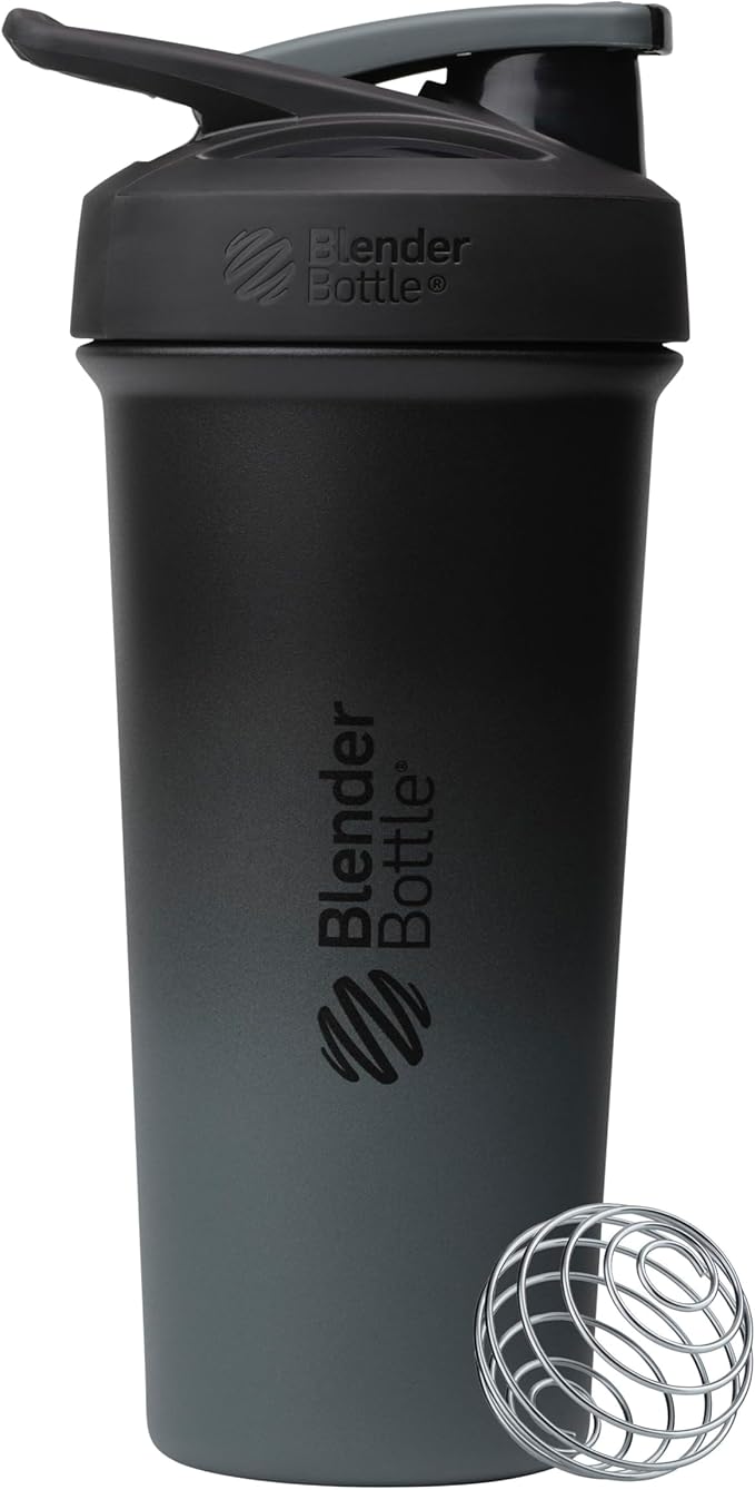 BlenderBottle Sport Sleek Shaker Cup Insulated Stainless Steel Water Bottle with Wire Whisk, 25-Ounce, Smokestack (Black/Grey)