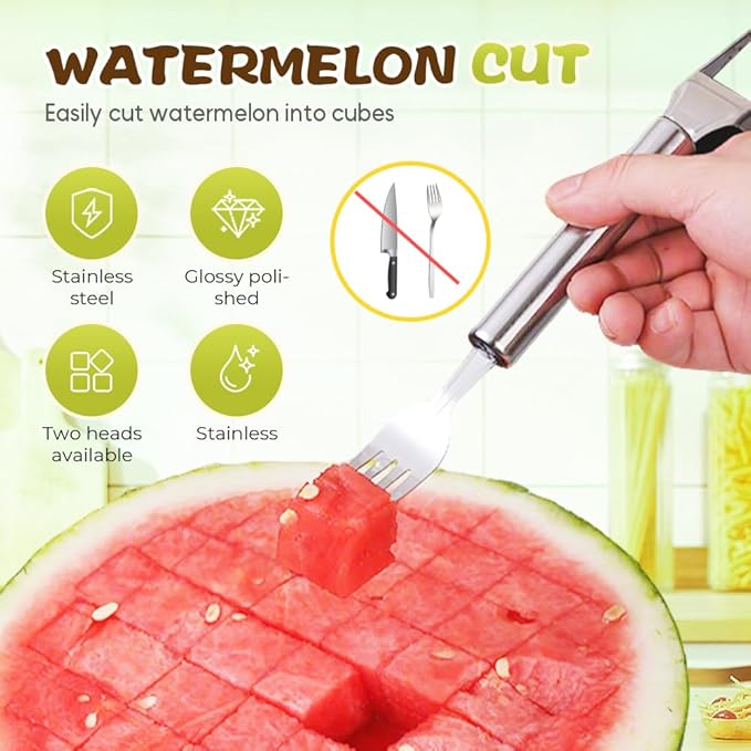 2-in-1 Stainless Steel Watermelon Cutter, Fruit Slicer and Fork Tool, Dual Head Watermelon Cube Cutter with Round Handle for Easy Serving, Kitchen Fruit Cutting Tool (2pcs)