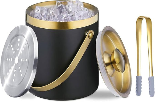 Insulated Ice Bucket with Lid, Handle and Tong Black Gold Stainless Steel Champagne Bucket for Party 3L Bar Cart Accessories Keep Drinks Chilled