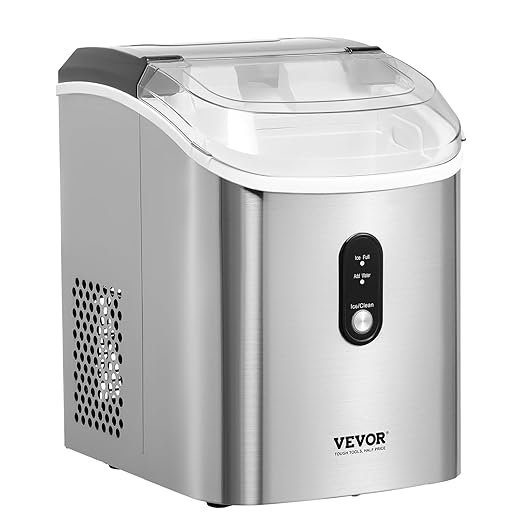 VEVOR Nugget, 33lbs/24H Pebble Ice Maker with Self Cleaning, Chewable Ice Maker with Ice Scoop & Basket, Stainless Steel Ice Machine with Transparent Lid for Home Kitchen Office Bar Party