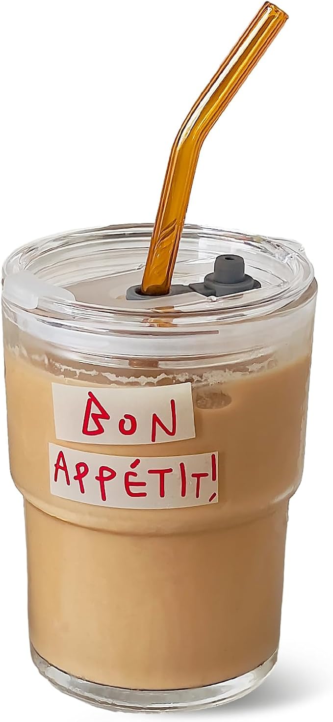 Olvini 13oz Glass Tumbler with Straw and Lid, Reusable Iced Coffee Cup Tumbler, Cute Glass Cups for Water, Matcha, Travel Coffee Mugs (Bon Appétit)