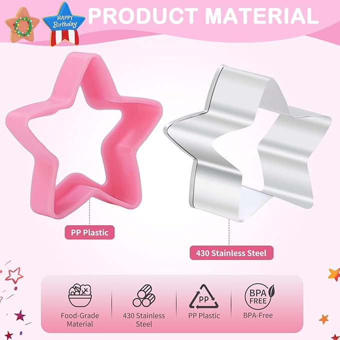 8-Piece Star Cookie Cutter Set with Storage Box - Heavy Duty Stainless Steel Baking Tools, Plastic Handles, Dishwasher Safe, Kids Friendly for Cookies, Biscuits, Vegetable, Fruit and Sandwiches