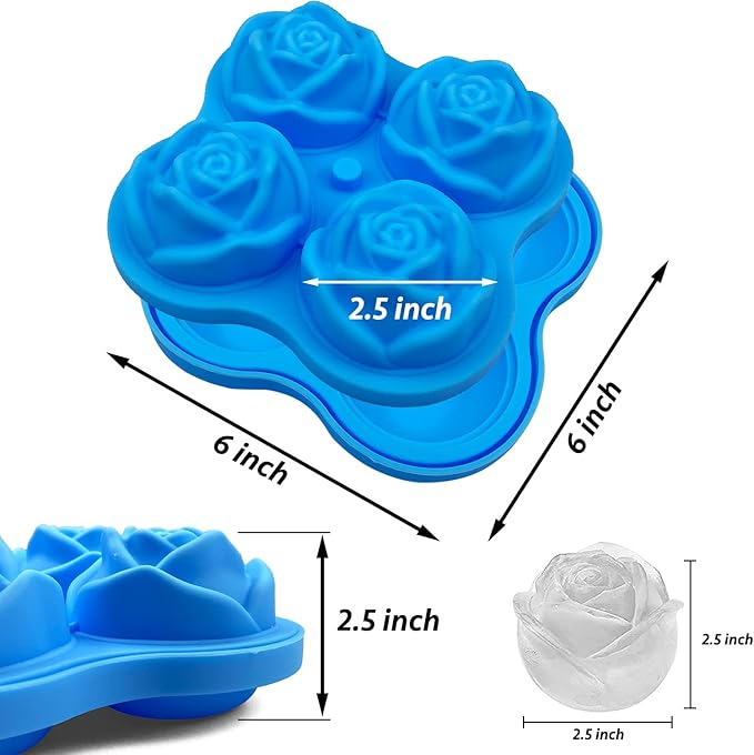 CAMKYDE Rose Ice Cube Tray 2.5 Inch [1 Mold + 1 Funnel + 4 Stoppers], 4 Cavity Silicone Rose Ice Cube Mold for Whiskey, Chilling Cocktails, Bourbon, Juice (Blue)