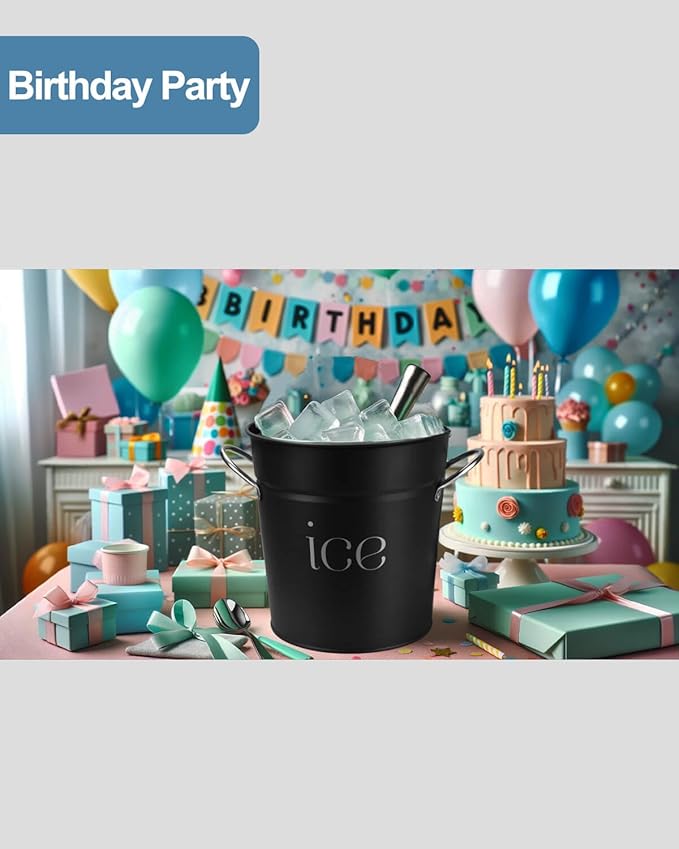 3Qt Black Galvanized Ice Bucket with Lid, Scoop & Handles - Ideal for Cocktails, Parties, BBQs, Wine & Champagne. Double-Layer Insulated Outer & Galvanized Inner Layer, Perfect for Home & Outdoor Use