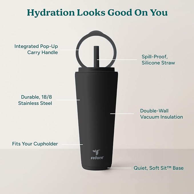 REDUCE Halo 32 oz Stainless Steel Vacuum Insulated Tumbler - Spill Proof Travel Mug with Flip Handle Lid - Keeps Drinks Cold for 32 Hrs - Dishwasher Safe - Cupholder Friendly - Phantom