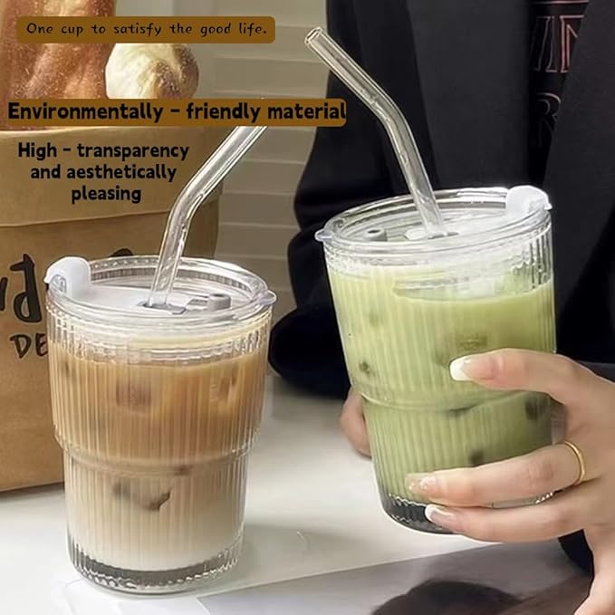 TINMIX 13.5OZ Small Glass Cups with Lids and Straws Mason Jar Low Drinking Glasses Ripple Glassware Iced Coffee Tumbler Smoothie Cup for Beer, Cocktail (4)
