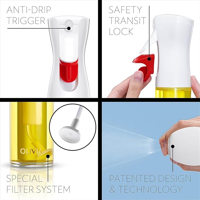 FLAIROSOL OLIVIA. The Original Advanced Oil Sprayer for Cooking, Salads, BBQs and More, Continuous Spray with Portion Control, Trusted by Chefs. Patented Technology. (Glass Bottle) (White Print)