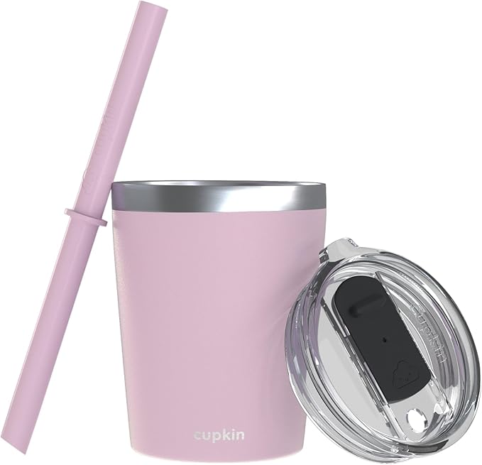 CUPKIN Stackable Stainless Steel Kids Cup Smoothie Tumbler, Powder Coated Insulated Tumblers, BPA Free Lid and Silicone Straw 8 Fl Oz (Pack of 1), Pink