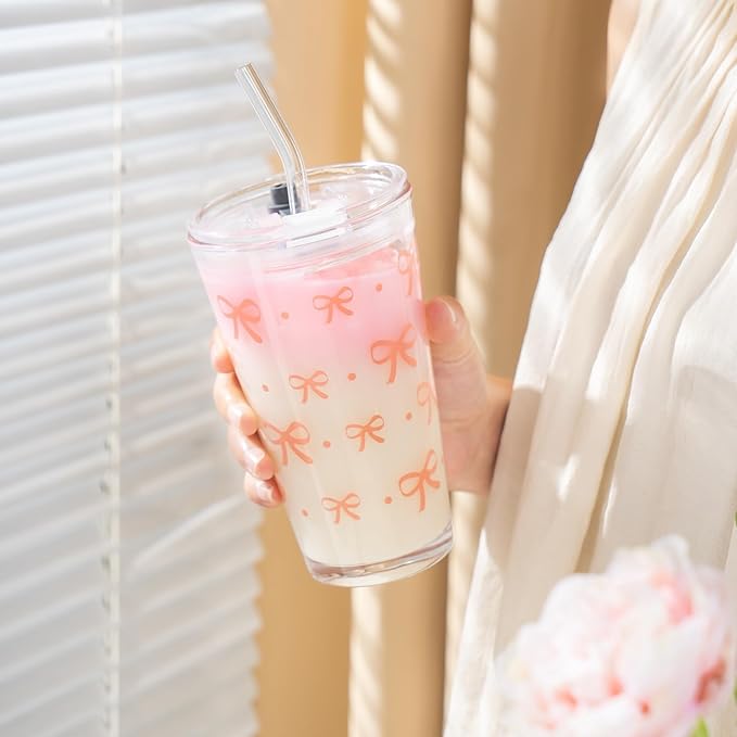 Olvini Coquette Cute Pink Bow Glass Cups with Lids and Straws, Aesthetic Iced Coffee Cups, Preppy Glass Cups, Coffee Tumbler, Matcha Cup, Teen Girl Gifts Trendy Stuff (Bow)