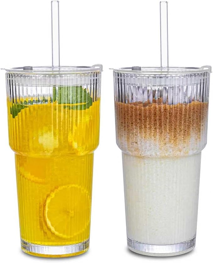 20oz Ribbed Glass Tumbler with Straw & Lid – 2 Pack Iced Coffee Cups,Glass Mug for Cold & Hot Beverages Travel Cup for Smoothies, Tea, and Juice