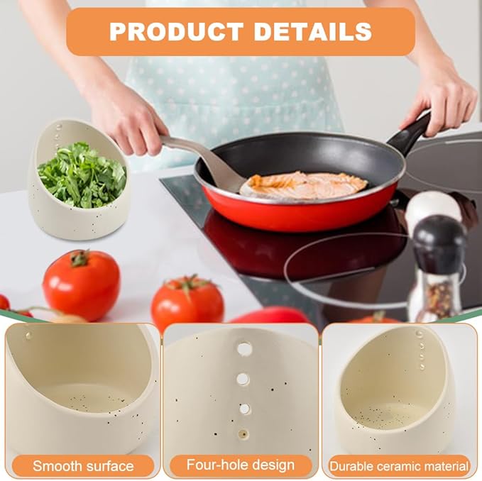 Upgrade Pottery Herb Stripper Bowl - Handmade Ceramic Peeling Cup with Round Holes, Efficient Leaf Removal Tool for Kale, Cilantro, Thyme, Parsley, Kitchen Gadget(White)