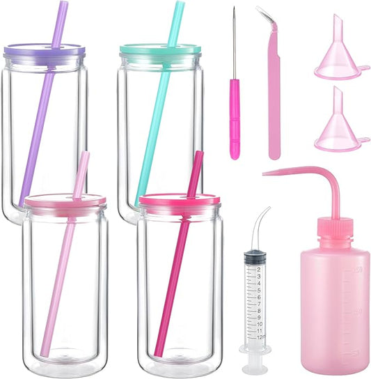 10 Pcs Snow Globe Tumbler Supplies 16oz Pre Drilled Double Wall Clear Cups Kit with Lid and Straw Squeeze Bottle Funnel Tweezer Bent Syringe for DIY Glitter Snow Globe Craft Gift (Colorful)