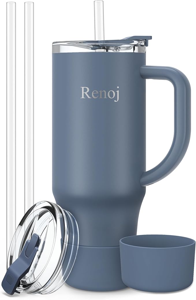 Renoj Insulated Mug 100% Leak Proof Insulated Water Bottle for Iced Coffee & Hot Drinks - Fits Car Cup Holder, Ideal Gift, 2 Straws & Silicone Boot - SnapShift Pink 40 oz
