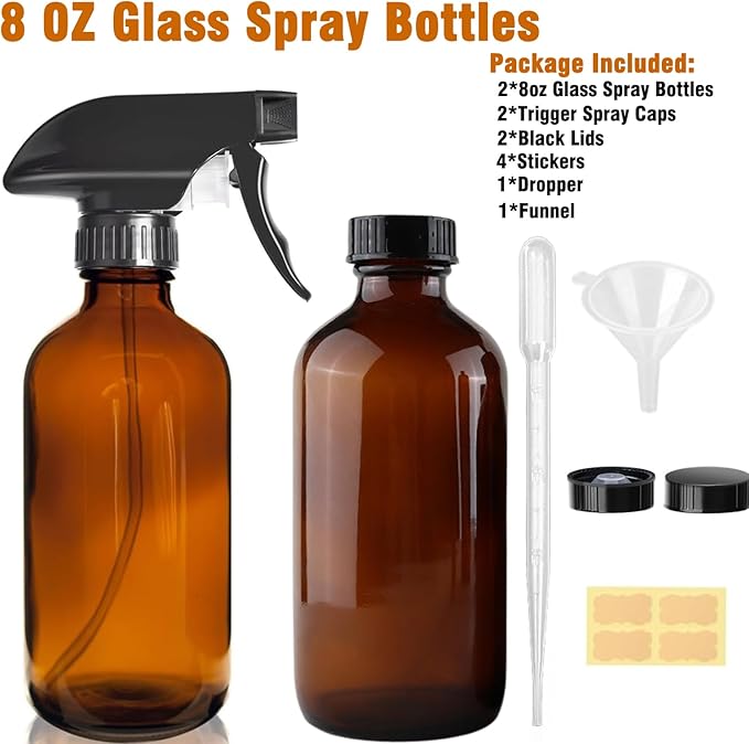 LANBEAUTIFY 8oz Amber Glass Spray Bottles - 2 Pack Empty Refillable Bottles for Cleaning, Hair Care, Essential Oils, Plants - Includes Durable Nozzle, Labels, Funnel & Dropper, Handheld Size