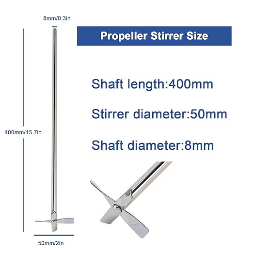 ONiLAB 18900071 316L Stainless Steel 4 Bladed Propeller Stirrer ，50 mm Stirrer Diameter, 8 mm Shaft Diameter, 400 mm Shaft Length