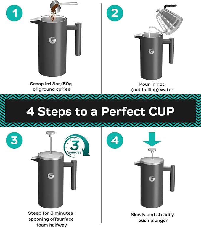 Coffee Gator 304 Grade Stainless Steel French Press Coffee Maker 34 oz, Double Wall Insulated Hot Cold Brew Teapot with 4-Level Filtration System, Include Travel Jar Canister, Kitchen, Gray