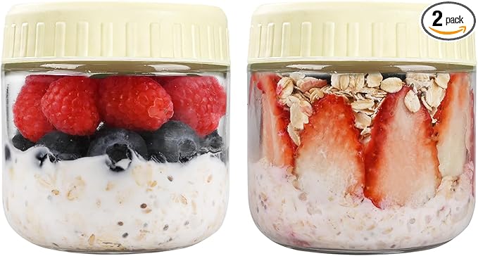 SHOWIN Overnight Oats Containers with Lids, 10oz Glass Jars with Lids 2 pcs, Milk White, Wide Mouth Mason jars for Salad, Yogurt, Snacks, Meal Prep
