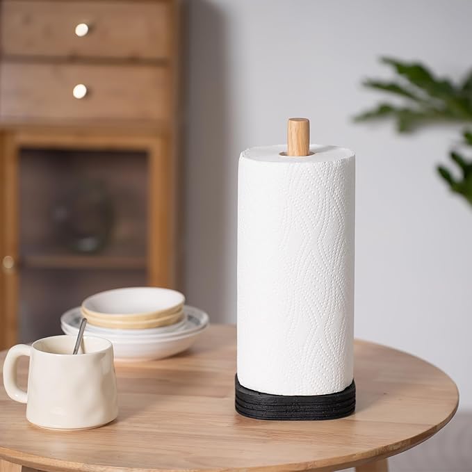 Black Travertine Standing Paper Towel Holder for Kitchen Countertop, Bathroom Shelf Toliet Top Paper Roll Holder with Weighted Base and Sturdy Wood Stand,for Standard or Plus Rolls, Height-Adjustable